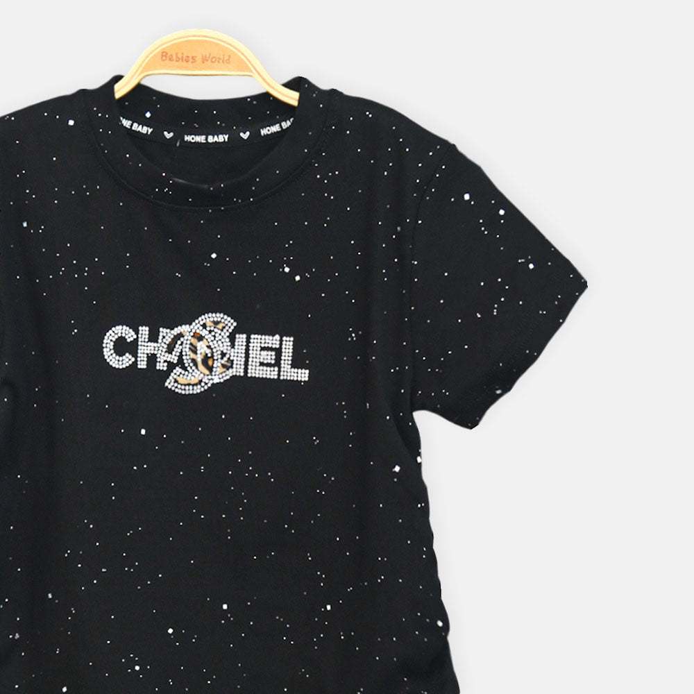 Girls Black Rhinestone Logo Tee
