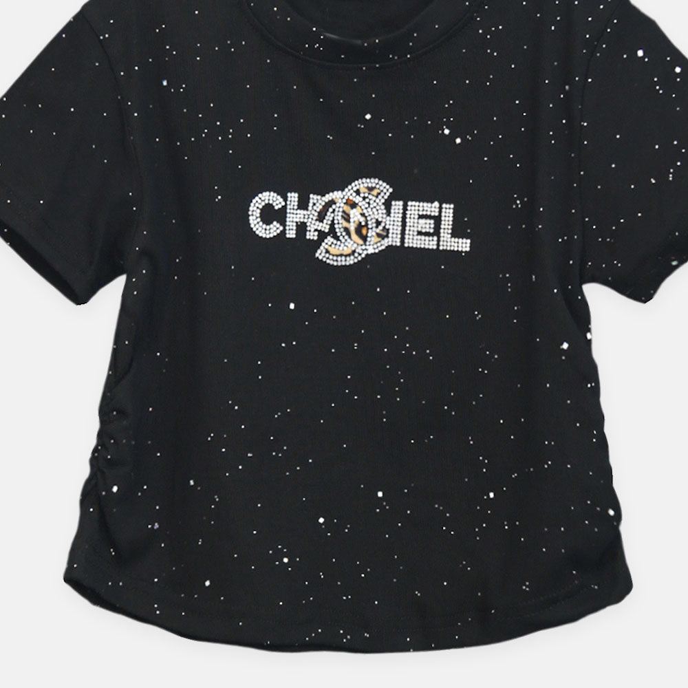 Girls Black Rhinestone Logo Tee