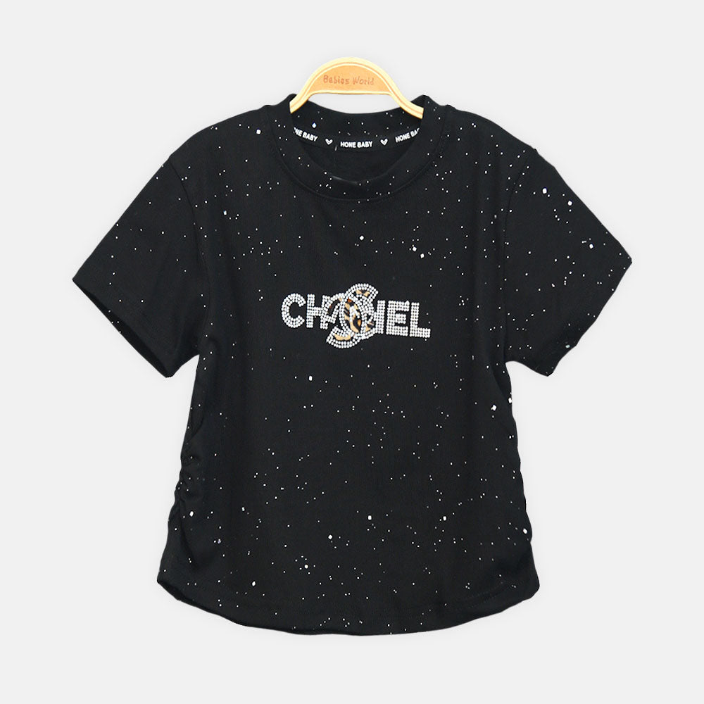 Girls Black Rhinestone Logo Tee