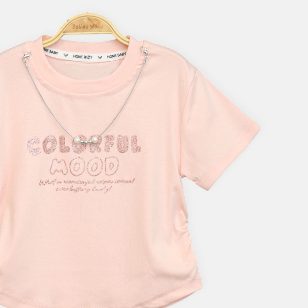 Girls Peach Colorful Mood Glitter Tee