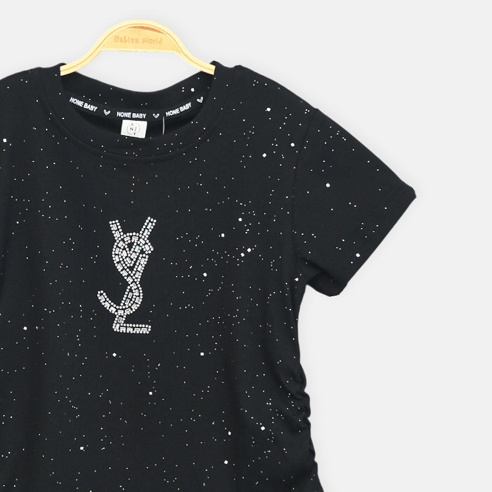 Girls Black Midnight Star Studded Logo Tee