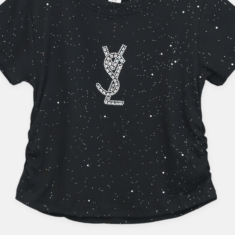 Girls Black Midnight Star Studded Logo Tee