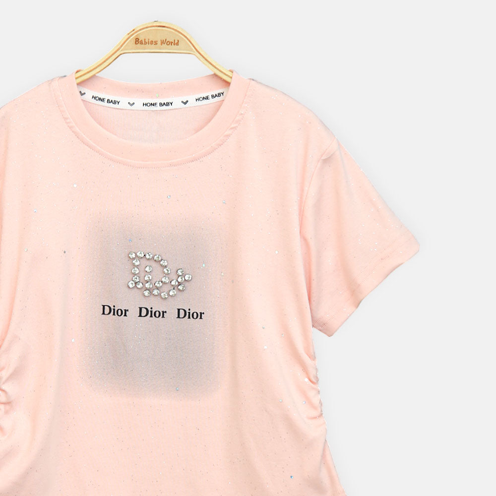 Girls Peach Side-Cinch Glitter Tee
