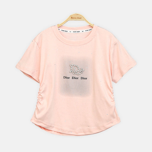 Girls Peach Side-Cinch Glitter Tee