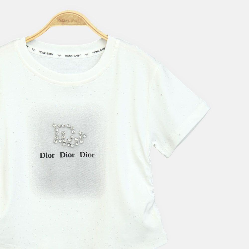 Girls White Side-Cinch Glitter Tee