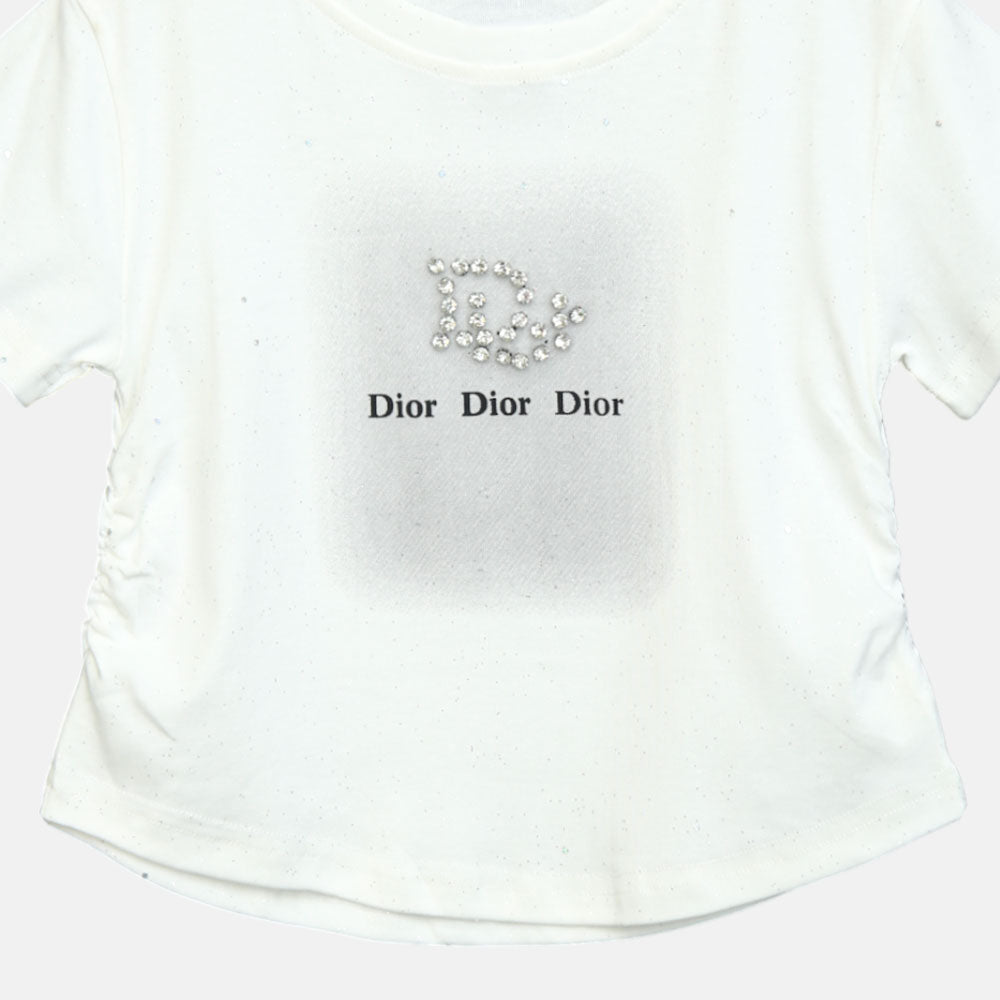 Girls White Side-Cinch Glitter Tee