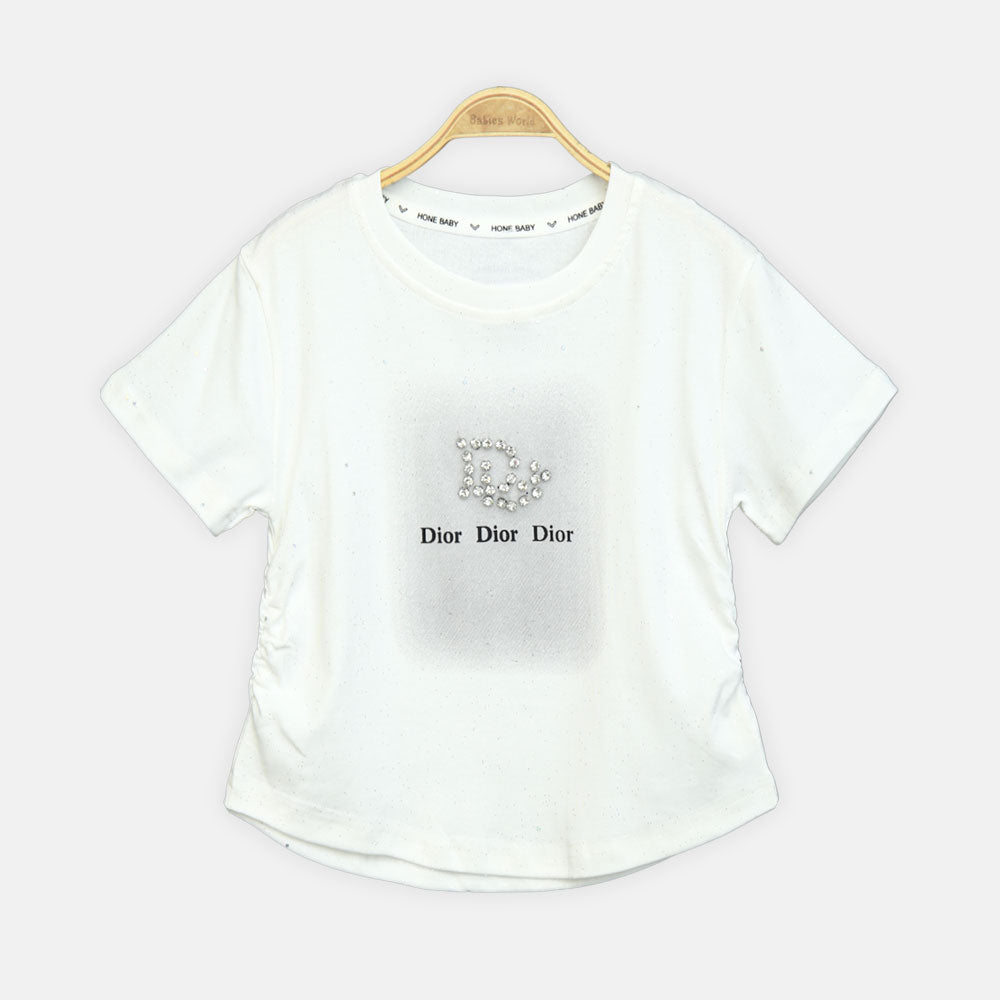Girls White Side-Cinch Glitter Tee