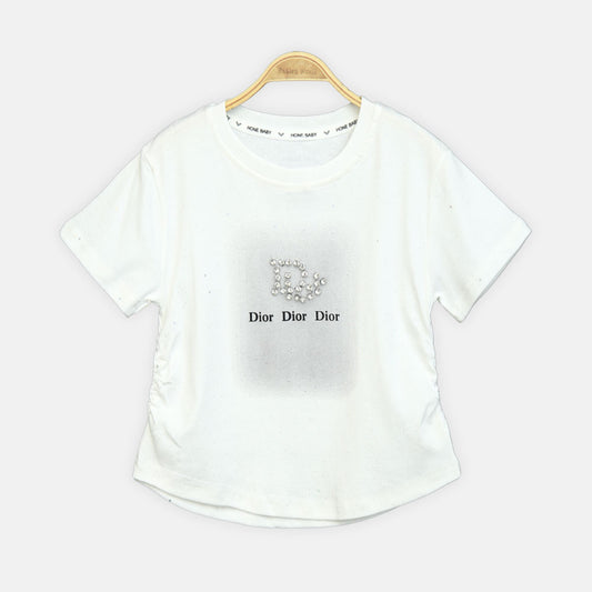 Girls White Side-Cinch Glitter Tee
