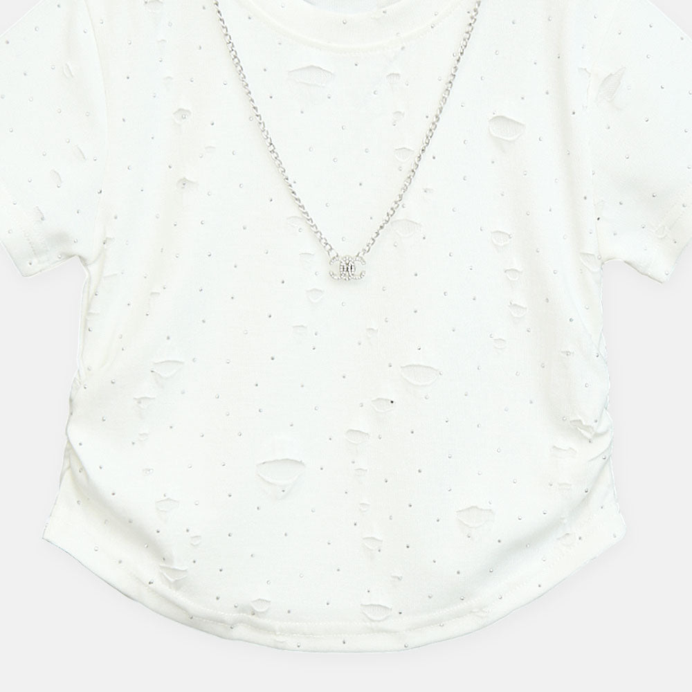 Girls Distressed White Glamour Tee
