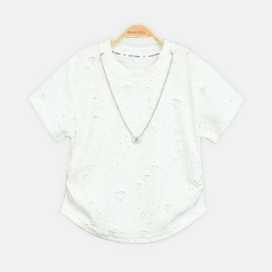 Girls Distressed White Glamour Tee