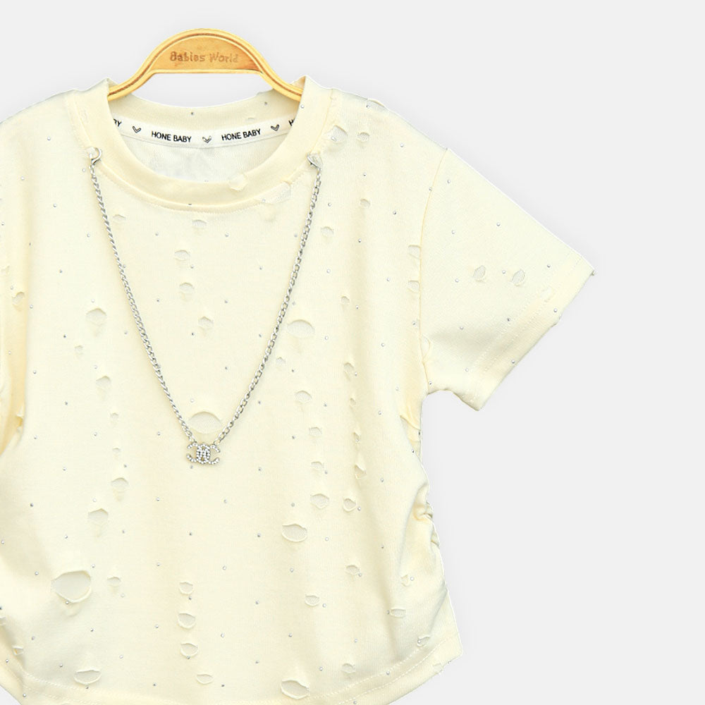 Girls Distressed Cream Glamour Tee
