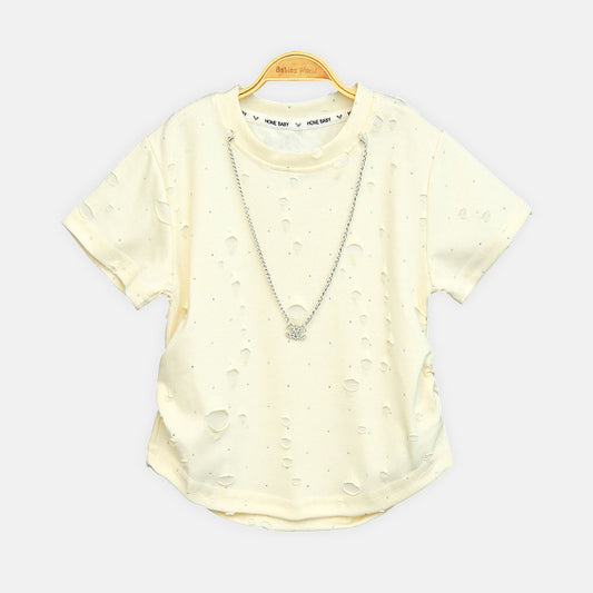 Girls Distressed Cream Glamour Tee
