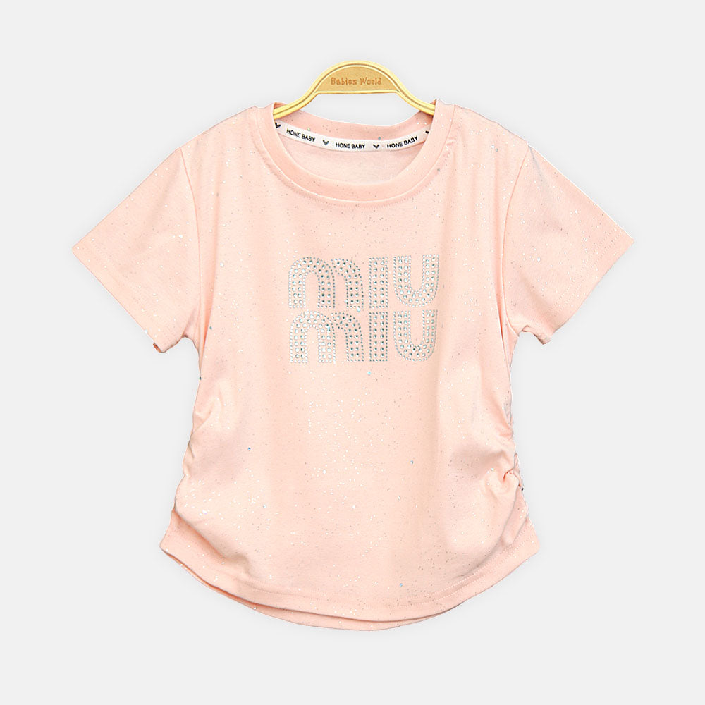 Girls Peach Miu Miu Inspired Rhinestone Tee