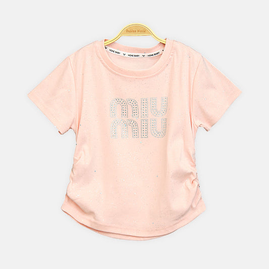Girls Peach Miu Miu Inspired Rhinestone Tee