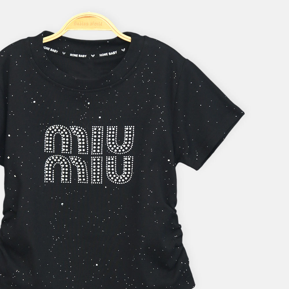 Girls Black Miu Miu Inspired Rhinestone Tee