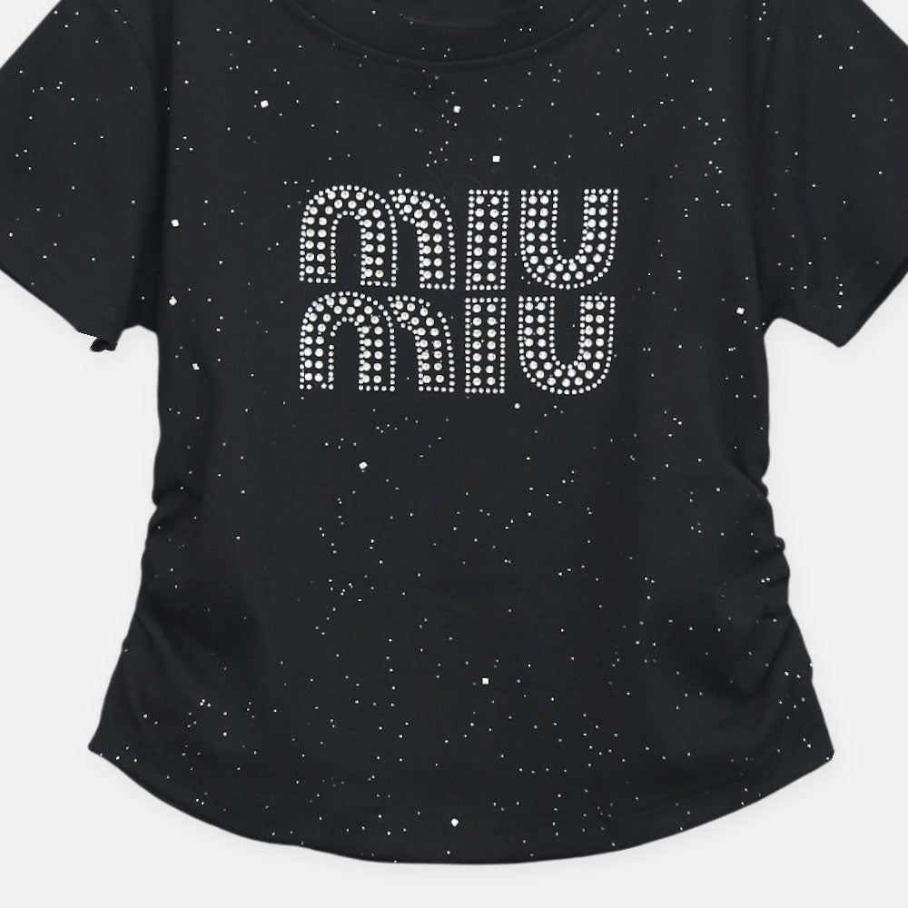 Girls Black Miu Miu Inspired Rhinestone Tee