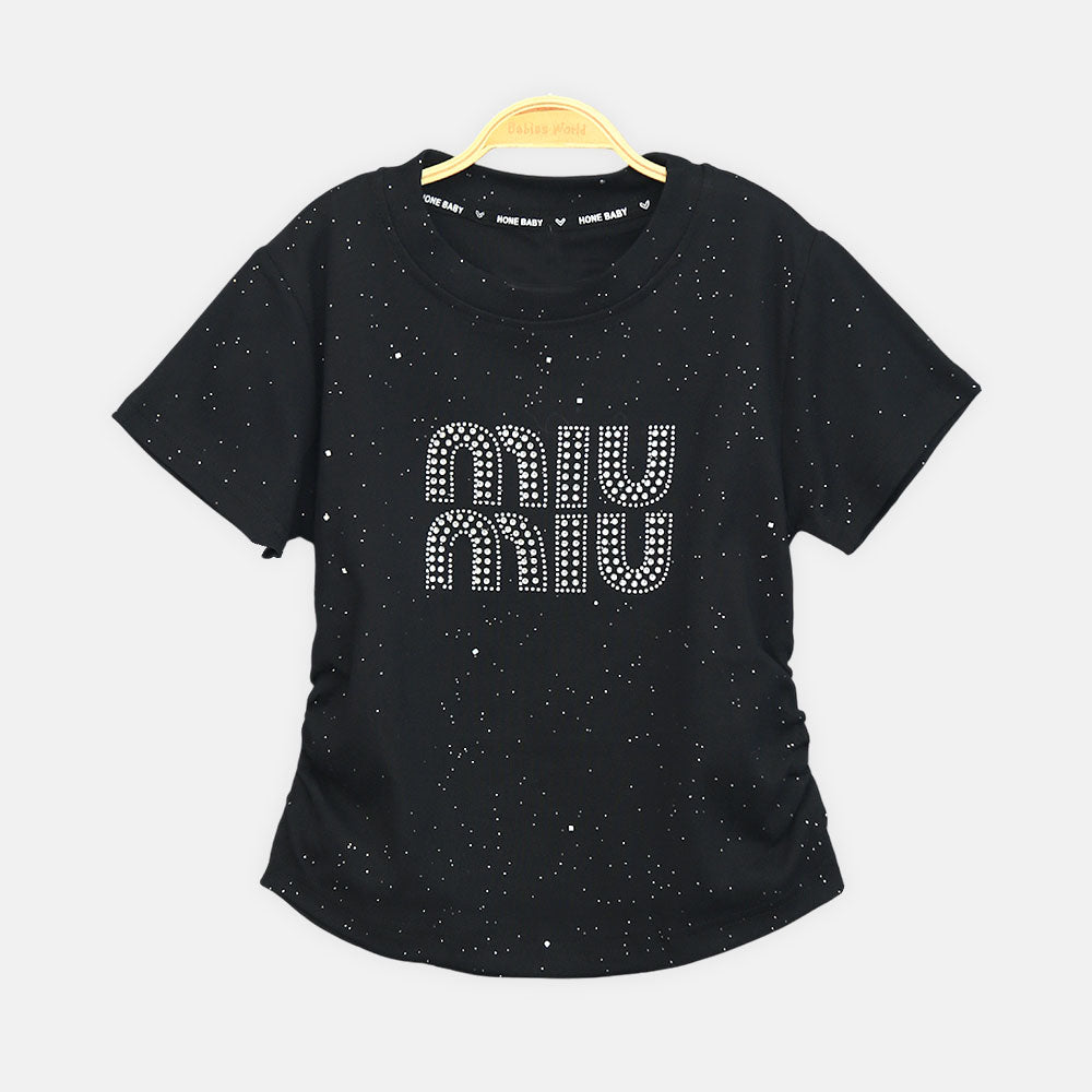 Girls Black Miu Miu Inspired Rhinestone Tee