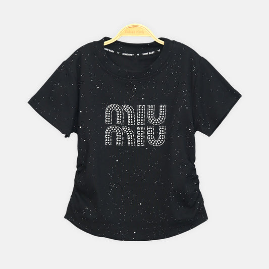 Girls Black Miu Miu Inspired Rhinestone Tee