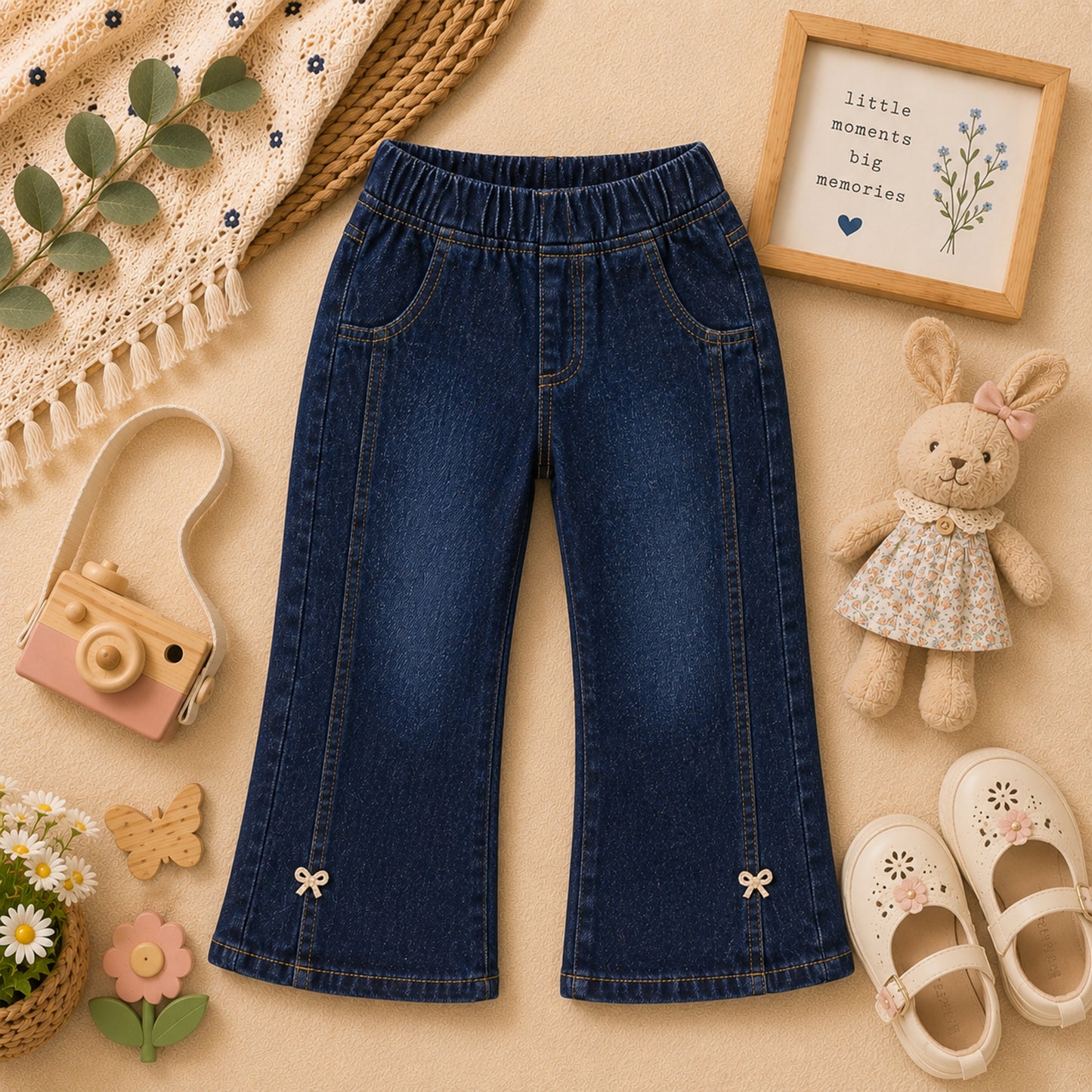 BABY GIRL DARK WASH DENIM JEANS WITH BOW ACCENT