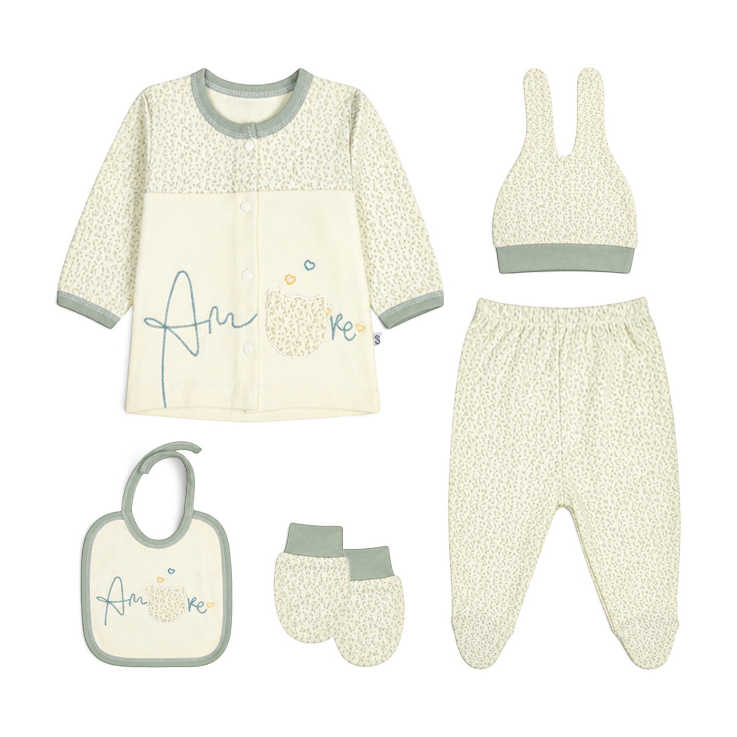 CREAM AND SAGE GREEN "AMORE" BEAR BABY BOY GIFT SET