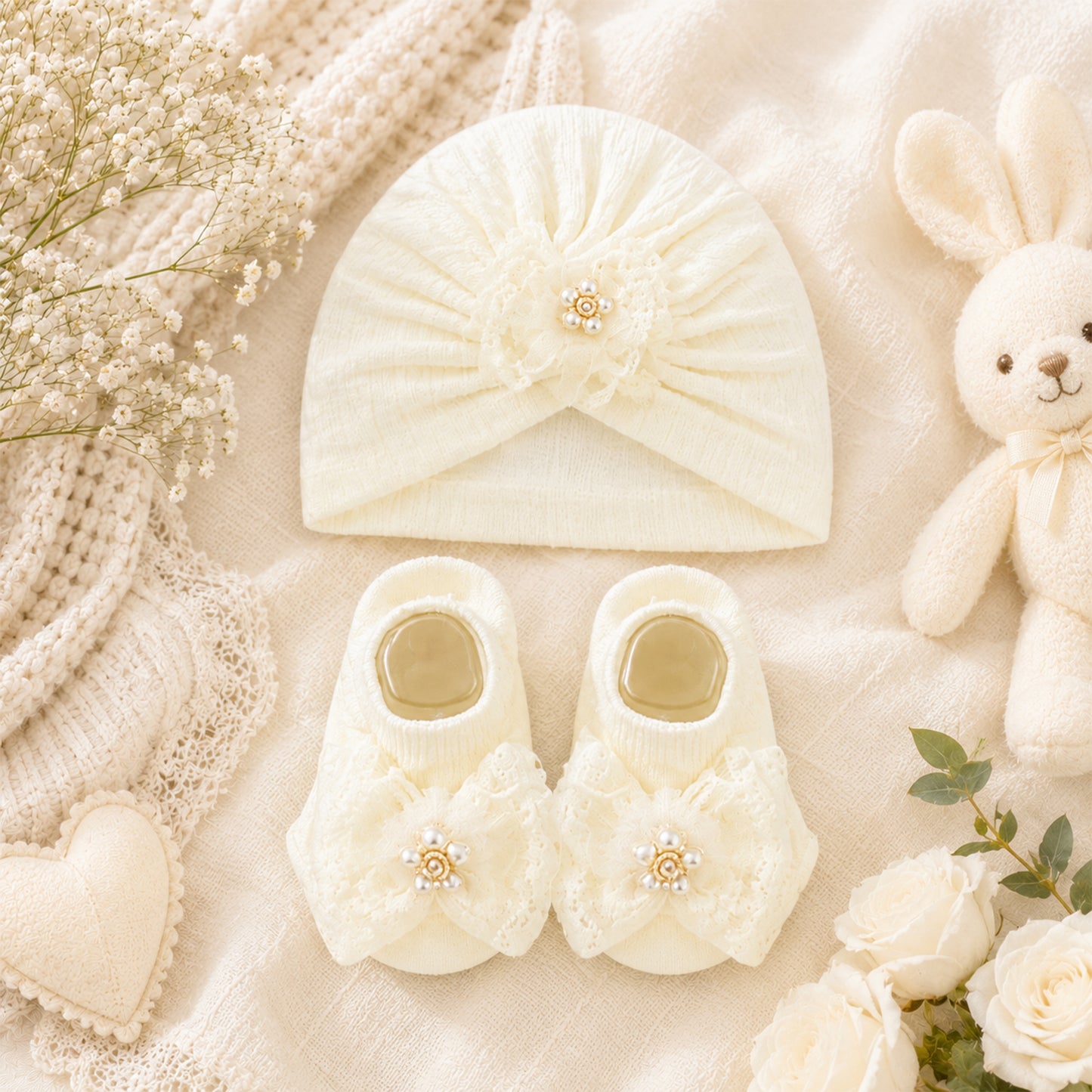 ELEGANT PEARL-ACCENTED CREAM INFANT  BOOTIES & CAP