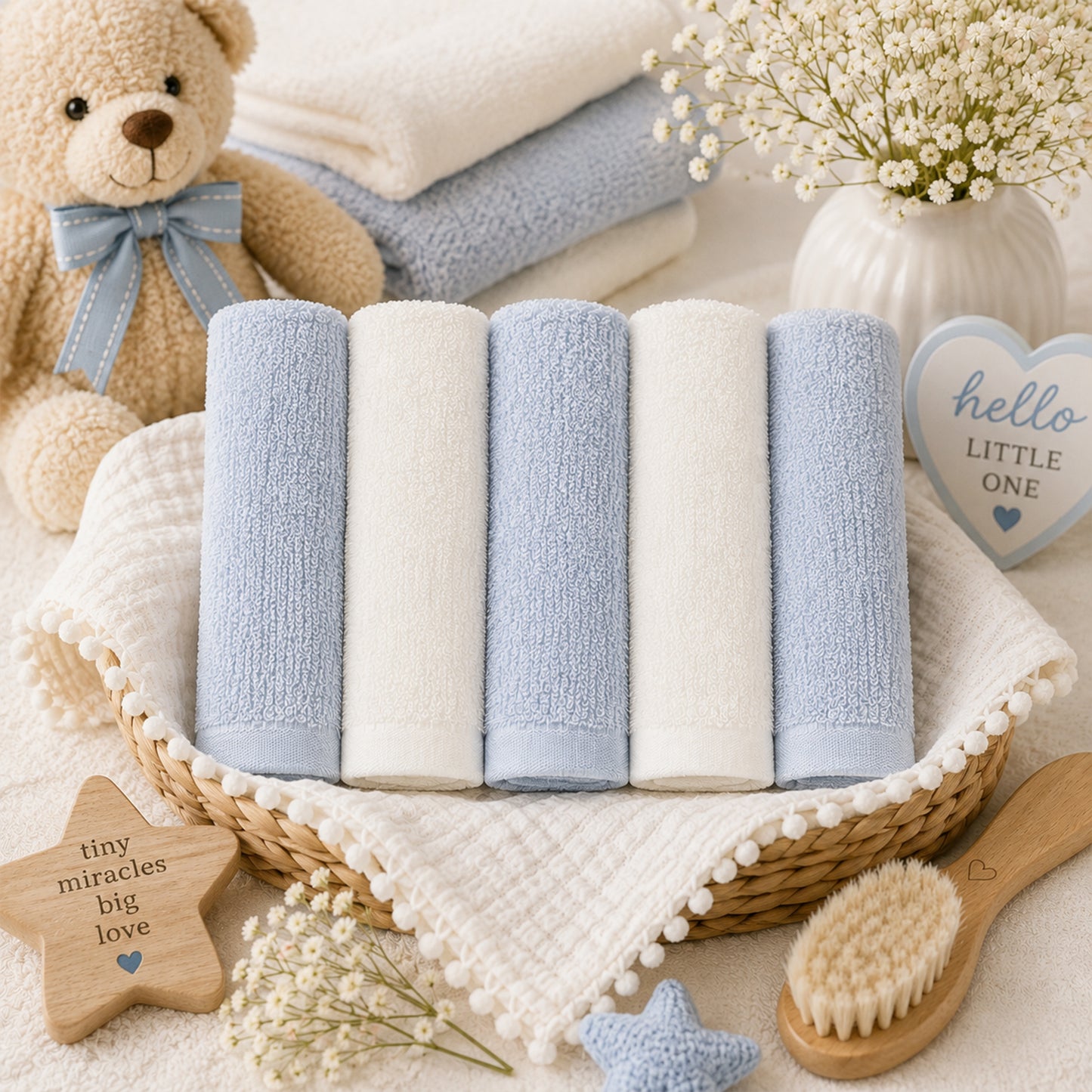 WHITE & BLUE BAMBOO FACE TOWEL PK-5