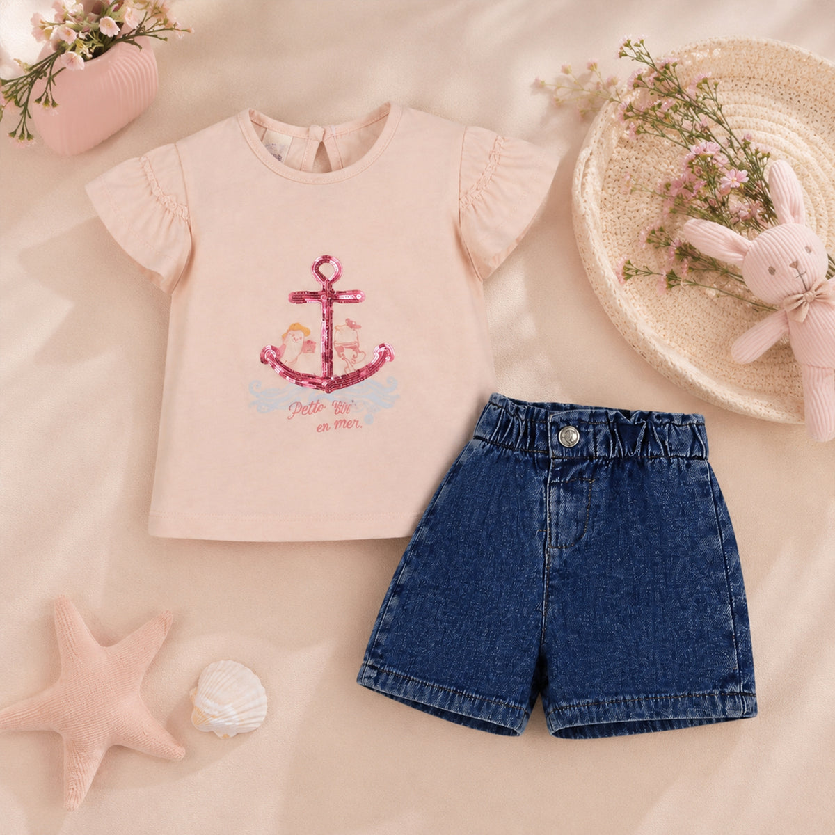 PINK ANCHOR "PETITE IGGY EN MER" AND DENIM SHORTS BABY GIRL OUTFIT