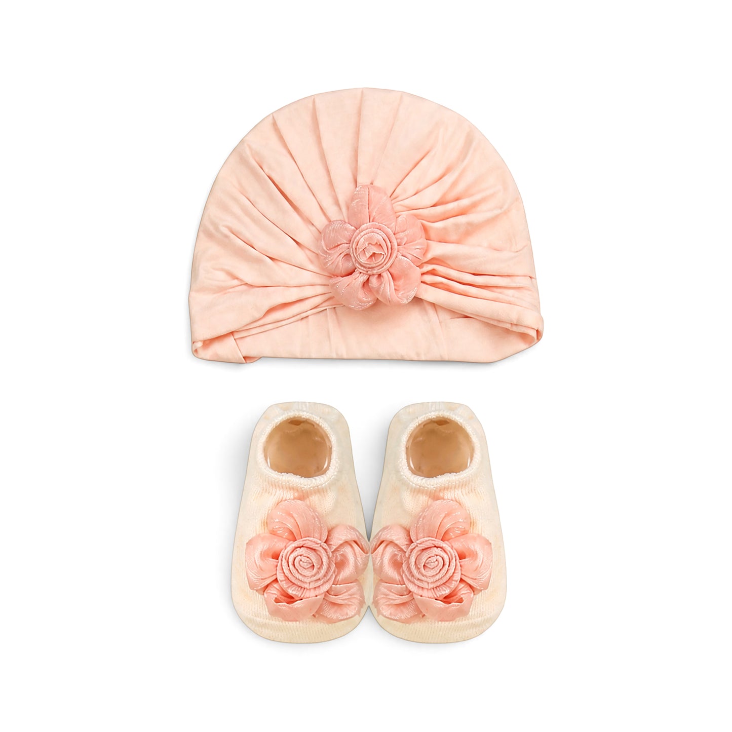 SOFT PINK FLORAL INFANT BOOTIES & CAP