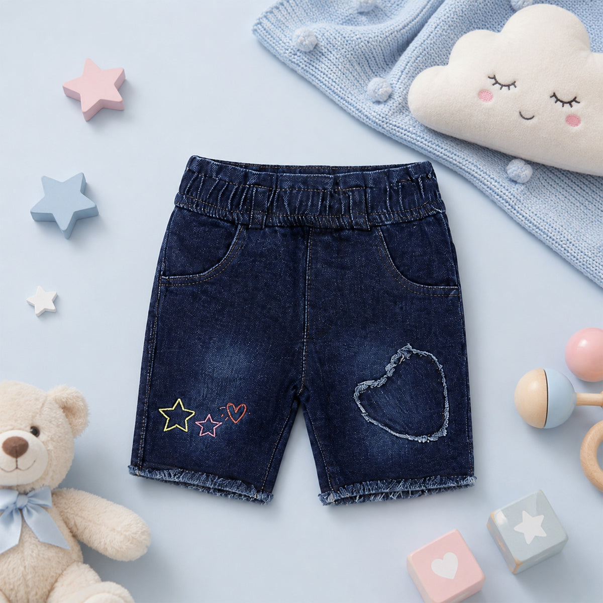 DARK WASH EMBROIDERED DENIM GIRL SHORT