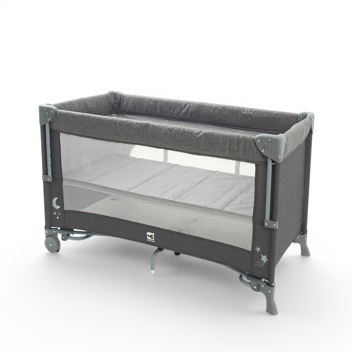 PLAY PEN GREY PORTABLE WITH WHEELS AND CARRYING BAG