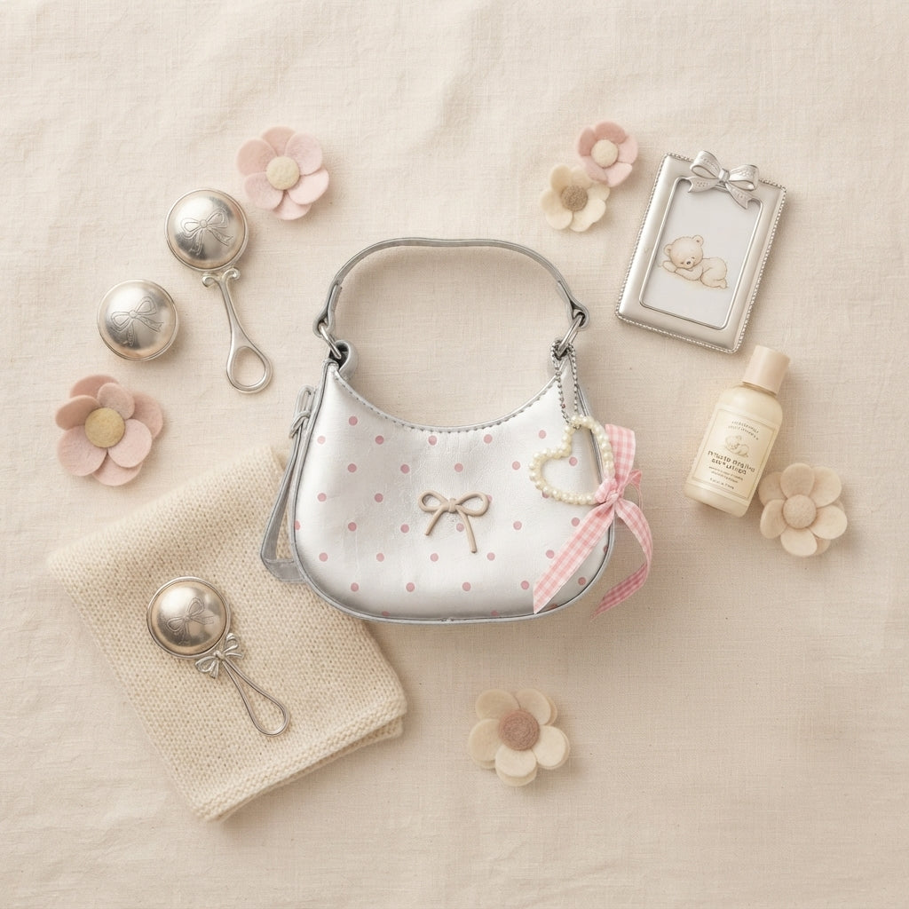 Whimsical Silver And Pink Polka Dot Mini Bag