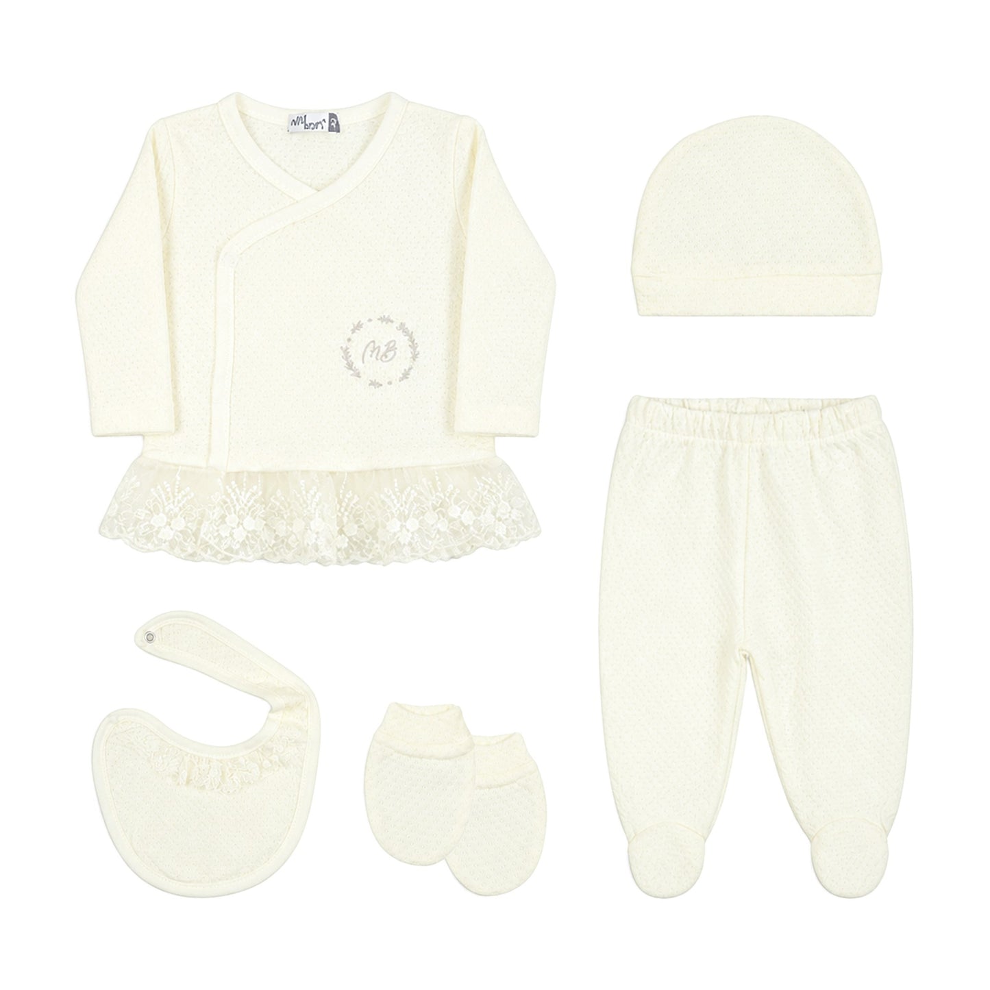 CREAM LACE-HEM "MB" EMBROIDERED BABY GIRL GIFT SET