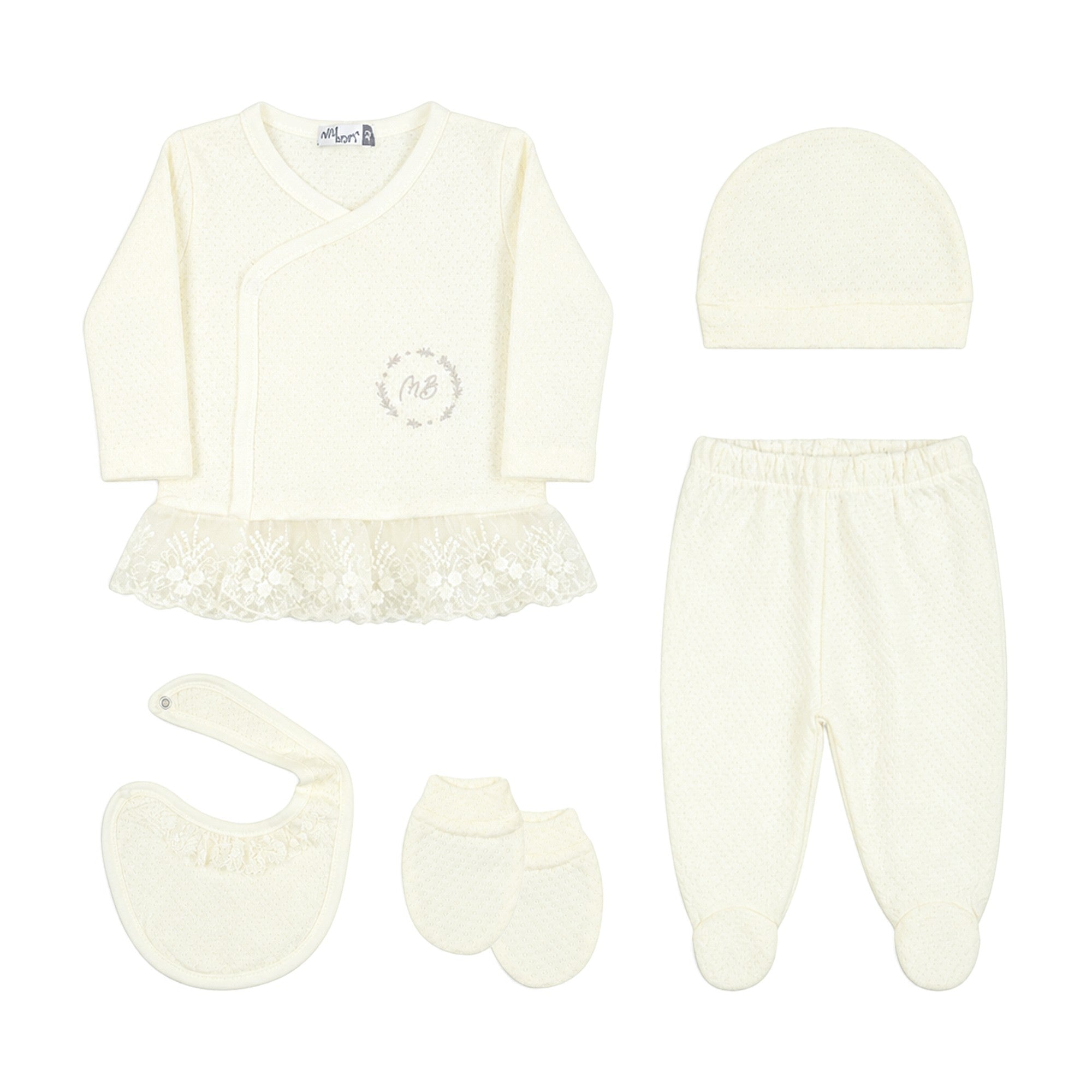 CREAM LACE-HEM "MB" EMBROIDERED BABY GIRL GIFT SET