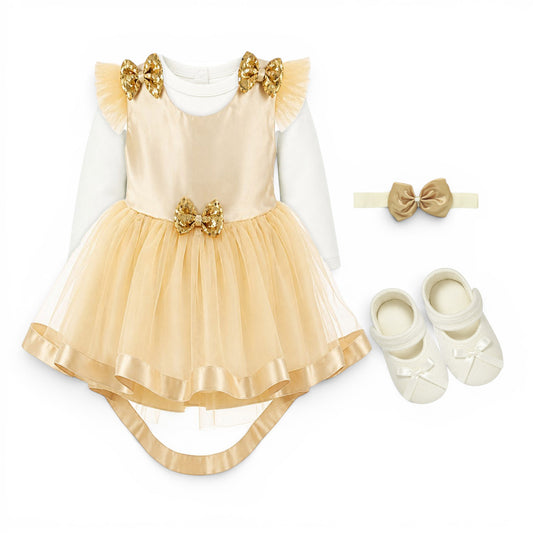 GOLD BABY GIRL FANCY FROCK GIFT SET