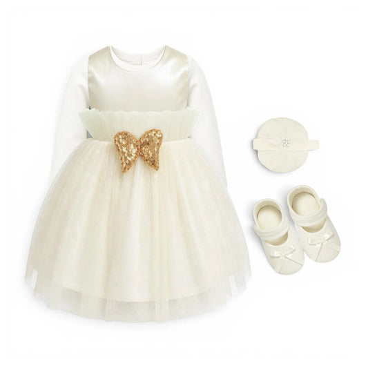 WHITE GOLDEN BOW BABY GIRL FANCY FROCK GIFT SET