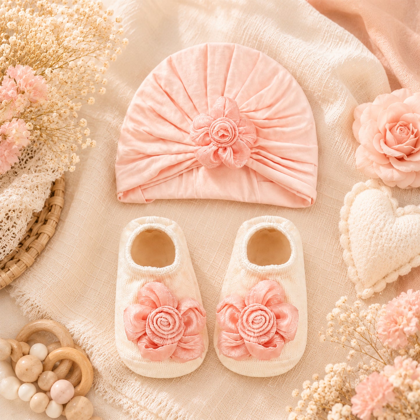 SOFT PINK FLORAL INFANT BOOTIES & CAP