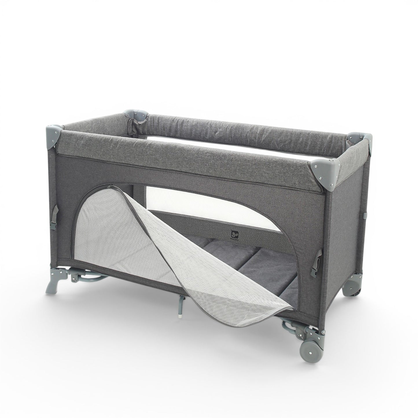 PLAY PEN GREY PORTABLE WITH WHEELS AND CARRYING BAG