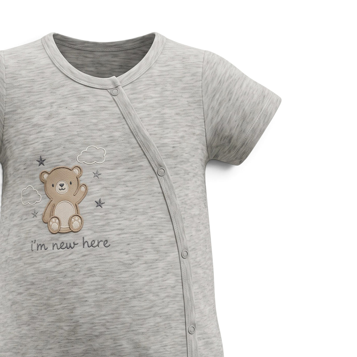 GREY "I'M NEW HERE" BEAR ROMPER