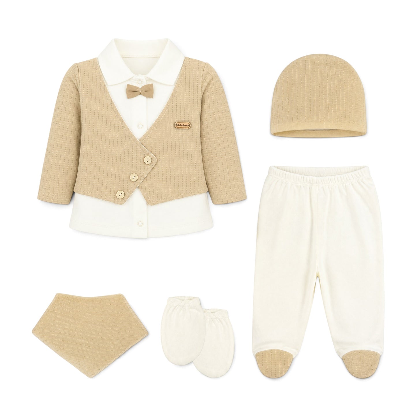 CREAM AND KHAKI VEST-STYLE GENTLEMAN BABY BOY GIFT SET