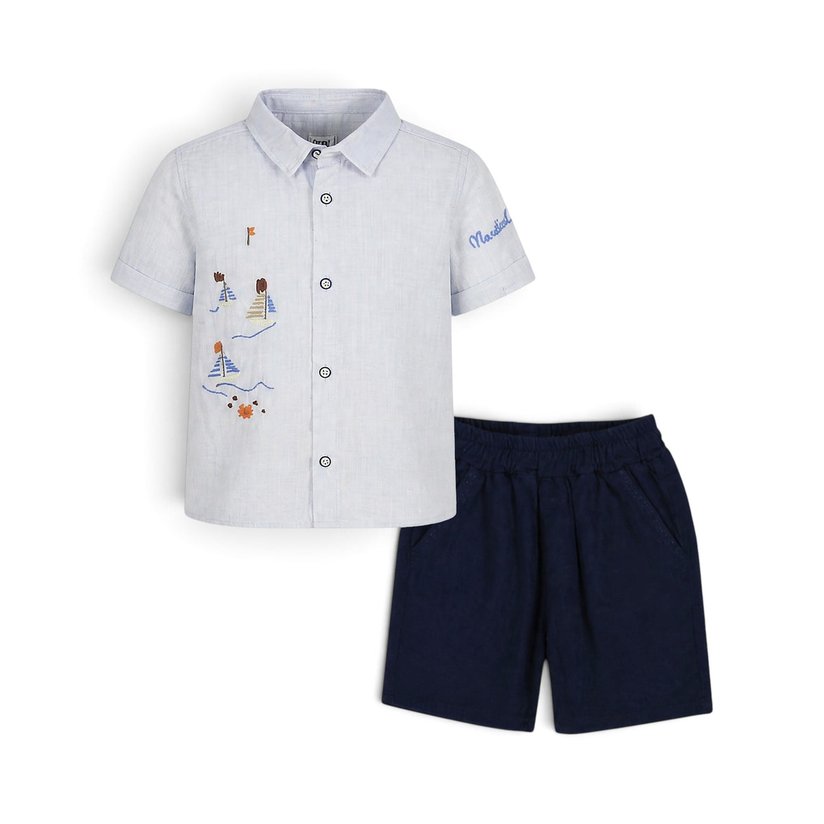 WHITE SAILBOAT EMBROIDERED SHIRT AND BLUE SHORTS BABY BOY OUTFIT