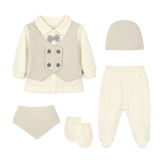 CREAM AND GREY DOUBLE-BREASTED VEST-STYLE BABY BOY GIFT SET
