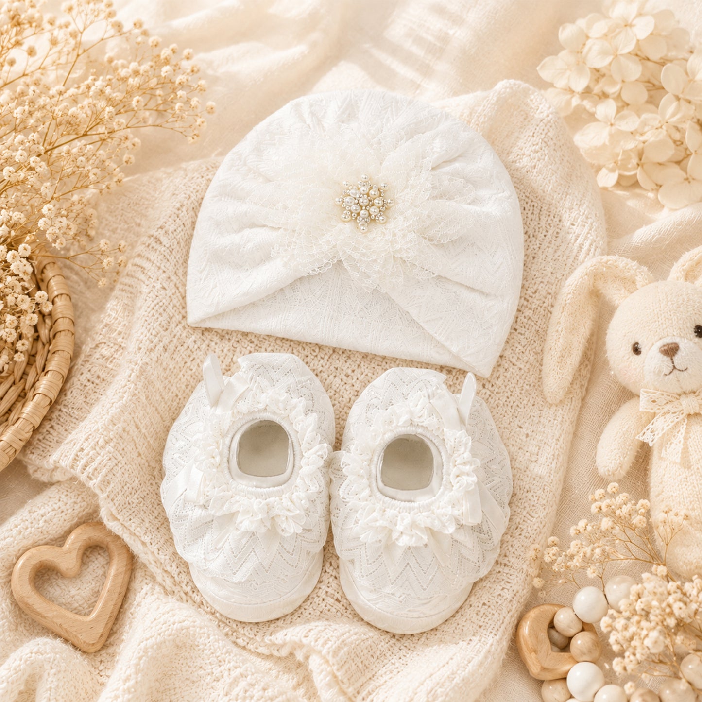 ELEGANT WHITE INFANT BOOTIES & CAP