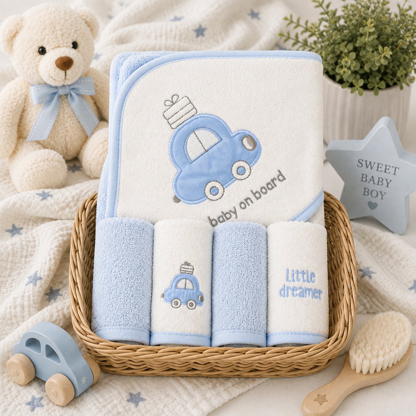 BLUE CAR THEME BATH TOWEL WITH 4 FACE TOWELS