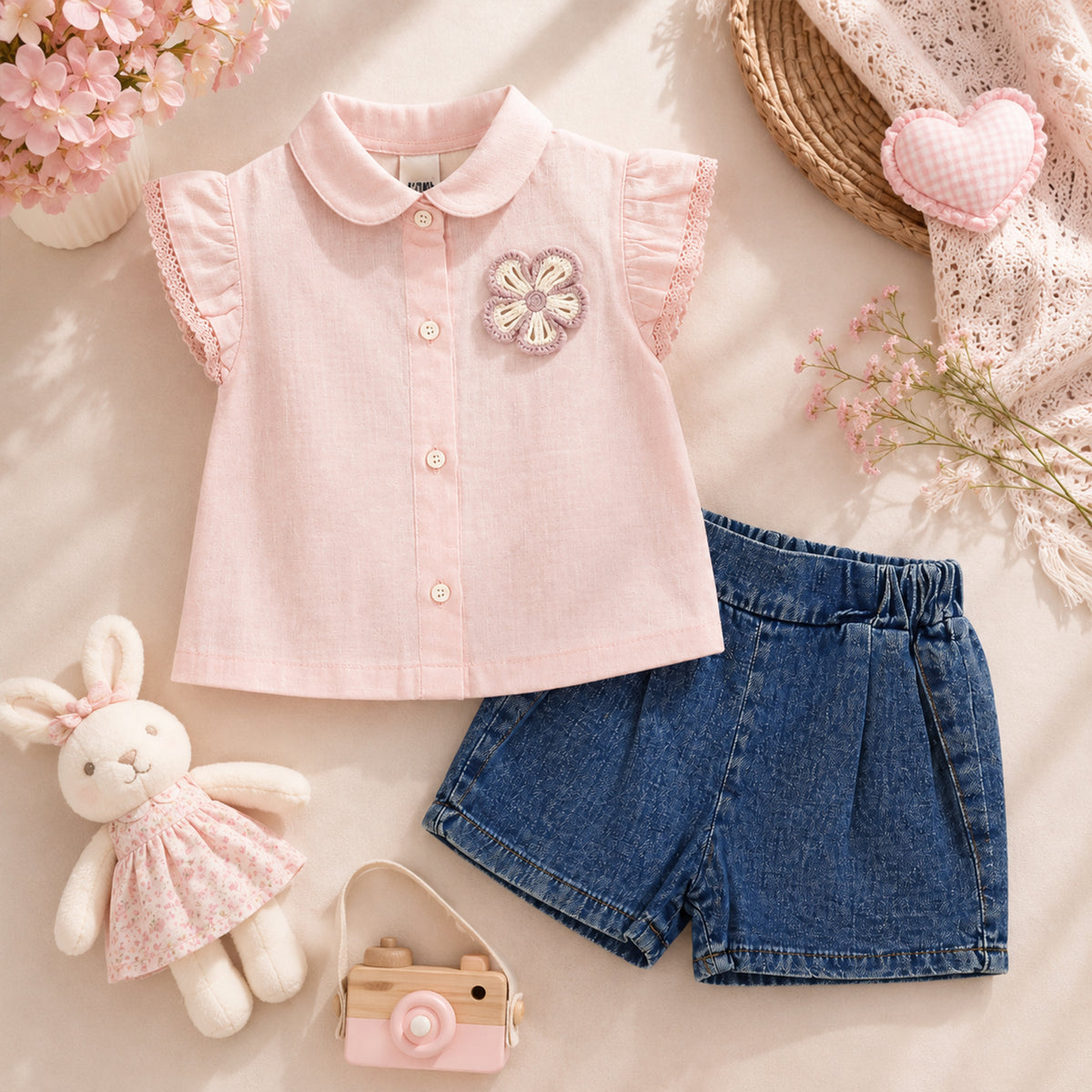 PINK BLOUSE AND DENIM SHORTS BABY GIRL OUTFIT