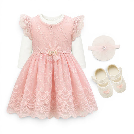 PINK LACE BABY GIRL FANCY FROCK GIFT SET