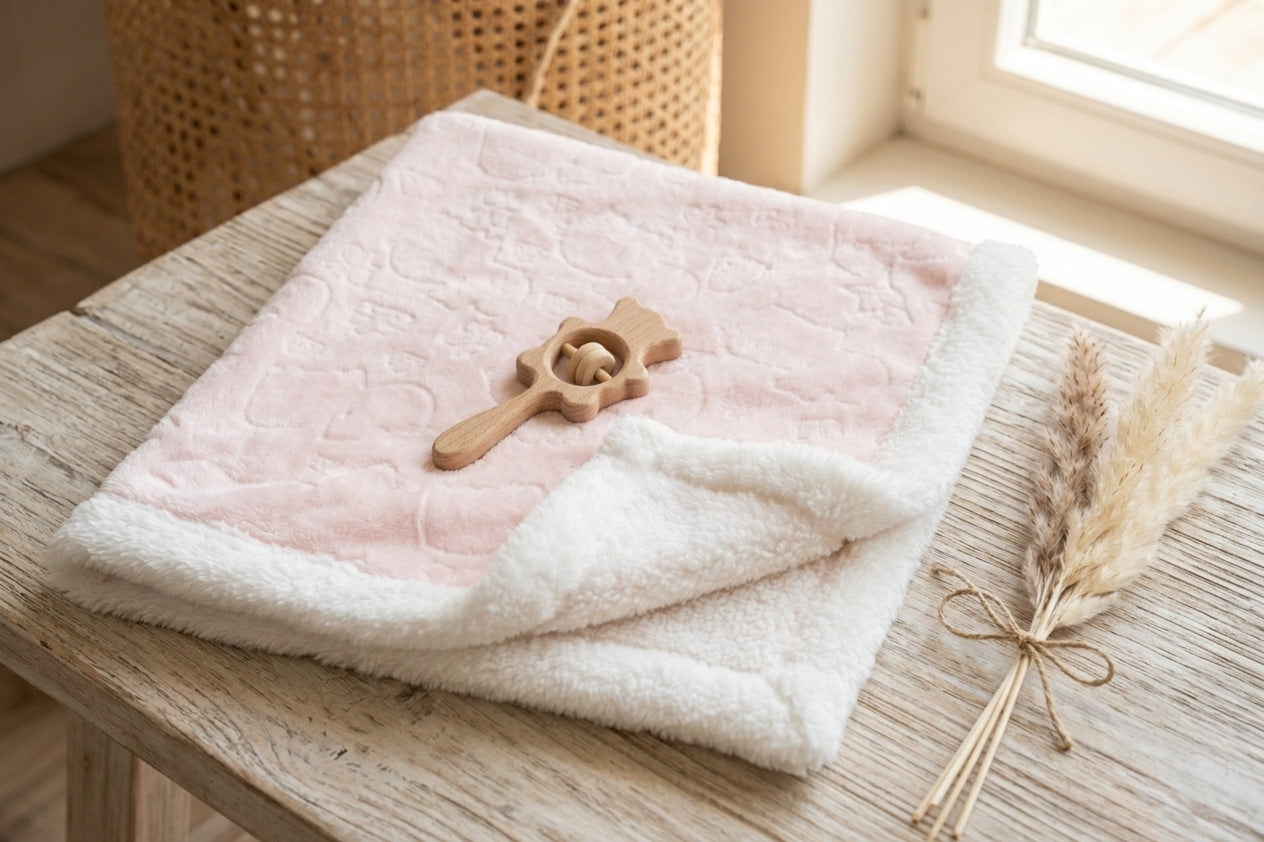PINK HIPPO & CLOUD EMBOSSED WITH WHITE SHERPA BORDER BLANKET