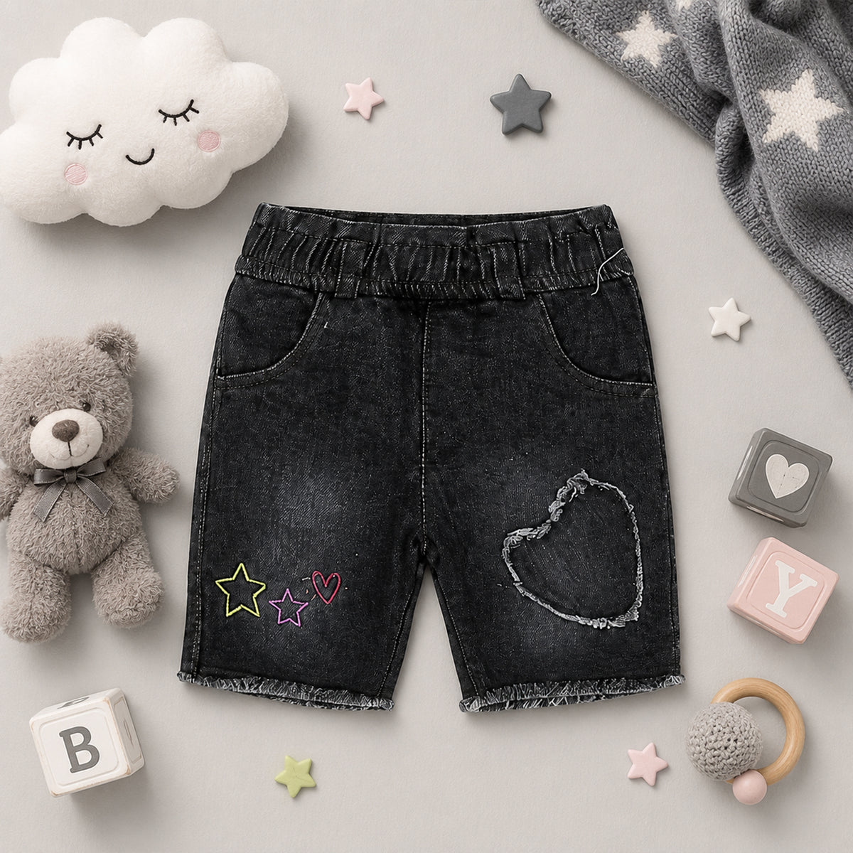 GREY WASH EMBROIDERED DENIM GIRL SHORT