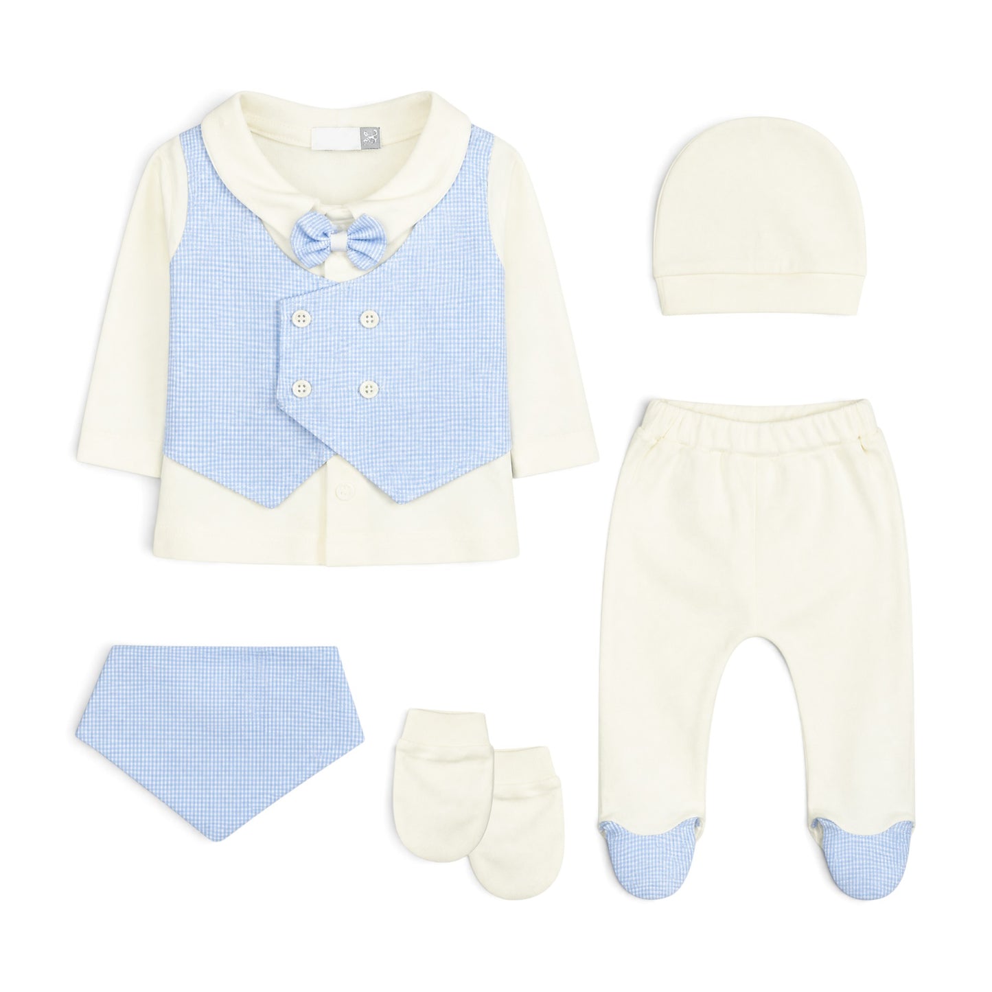 CREAM AND BLUE GINGHAM VEST BABY BOY GIFT SET