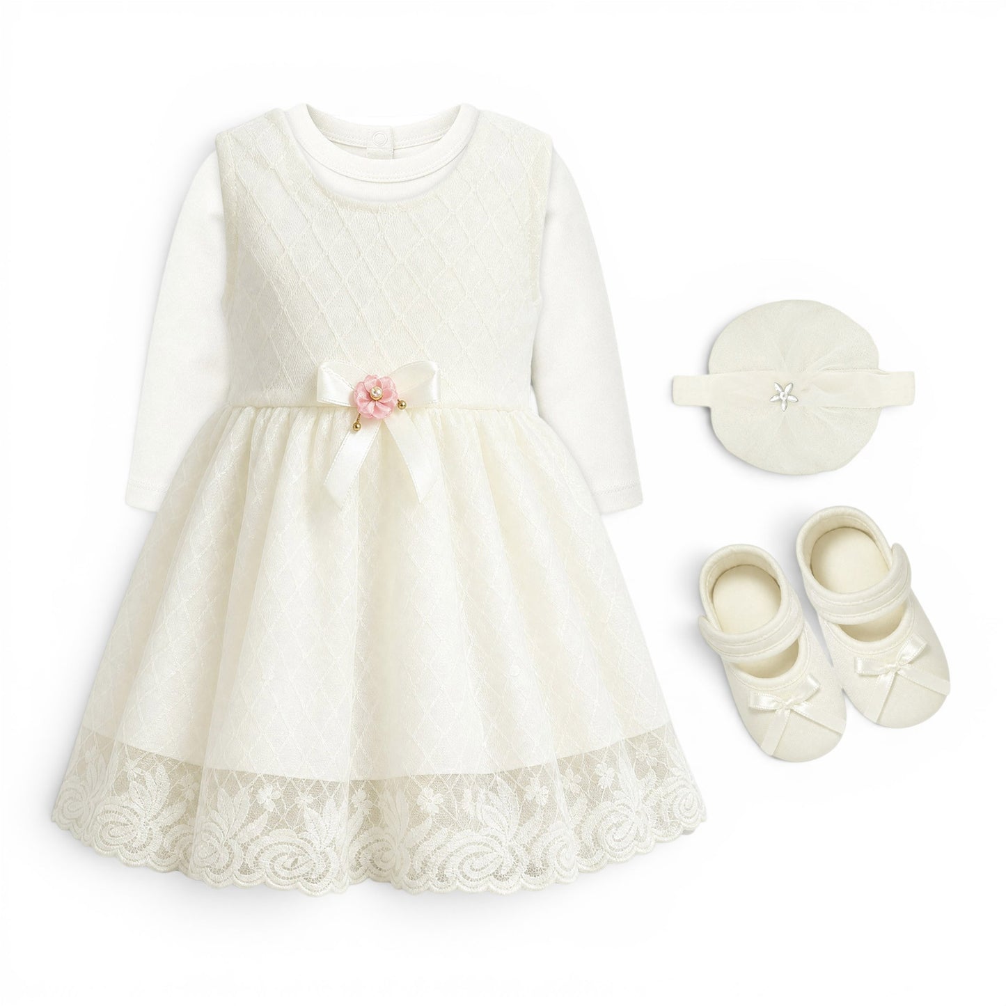 WHITE BOW BABY GIRL FANCY FROCK GIFT SET