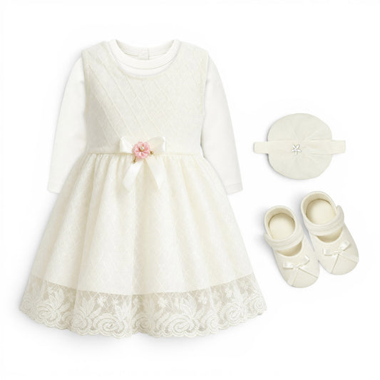 WHITE BOW BABY GIRL FANCY FROCK GIFT SET